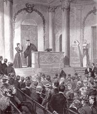 Erste Promotion einer Frau (Elsa Neumann) an der Universität Berlin 1899 (Stich nach Zeichnung E. Thiel)