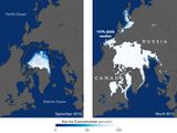 Arktisches Meereis im September und März September 2012 (links) und März 2013 (rechts) Lizenz: public domain