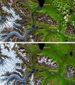Kaskawulsh-Gletscher (westliches Kanada) Vergleich Abflussrichtung 03. August 2015 und 04. Juli 2016 Lizenz: public domain