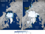 Arktisches Meereis im September 1990 und März 1991 Mittel der Jahre 1981-2010 Lizenz: public domain