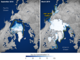 Arktisches Meereis im September 2018 und März 2019 Mittel der Jahre 1981-2010 Lizenz: public domain