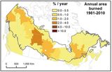 Feuerfläche in Kanada 1981-2010 nach Modellberechnungen Lizenz: CC BY