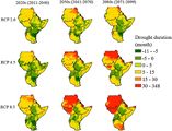 Änderung der Dauer von Dürren in Ostafrika für das RCP2.6-, RCP4.5 and RCP8.5-Szenario in 2011–2040, 2041–2070, und 2071–2099 im Vergleich zu 1981-2010. Lizenz: CC BY-NC 3.0