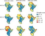 Häufigkeit Dürre Ostafrika für das RCP2.6-, RCP4.5 and RCP8.5-Szenario in 2011–2040, 2041–2070, und 2071–2099 im Vergleich zu 1981-2010. Lizenz: CC BY-NC 3.0