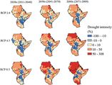 Änderung der Intensität von Dürren in Ostafrika für das RCP2.6-, RCP4.5 and RCP8.5-Szenario in 2011–2040, 2041–2070, und 2071–2099 im Vergleich zu 1981-2010. Lizenz: CC BY-NC 3.0
