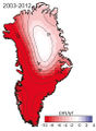 Eisverlust 2003-2012 Eisverlust nach Satelliten-Messungen in cm Wasseräquivalent pro Jahr. Lizenz: IPCC-Lizenz