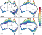Projektion für die Ausbreitung von Fruchtfliegen in Australien für 2030, 2050 und 2070 Lizenz: CC BY 4.0