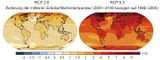 Erdoberflächentemperatur bis 2100 Szenarien RCP 2.6 und RCP8.5 Lizenz: IPCC-Copyright