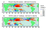 Tropische Wirbelstürme aktuell und 2100 Modellsimulationen tropischer Wirbelstürme in verschiedenen Ozeanbecken Lizenz: public domain