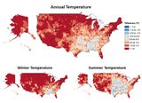 Jahres-, Winter- und Sommertemperatur 1986-2016 zu 1901-1960 Lizenz: Public domain